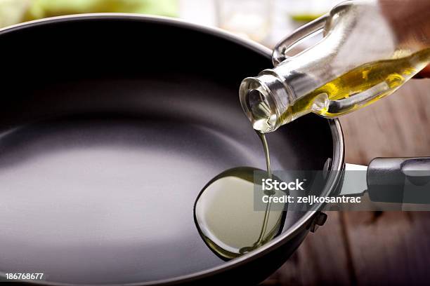 Pouring Eating Oil In Frying Pan Stock Photo - Download Image Now - Cooking Oil, Cooking Pan, Frying Pan