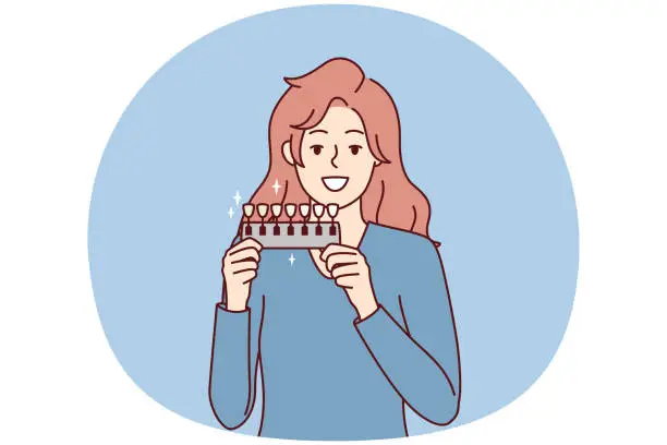 Vector illustration of Woman holds device to determine shade of teeth passes test for quality of toothpaste. Vector image