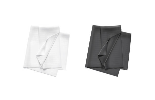 Blank black and white folded twill silk scarf mockup, isolated Blank black and white folded twill silk scarf mockup, isolated, 3d rendering. Empty textile or silken classic neckwear mock up, top view. Clear tweed crumpled headscarf for women template. black shawl wrap stock pictures, royalty-free photos & images