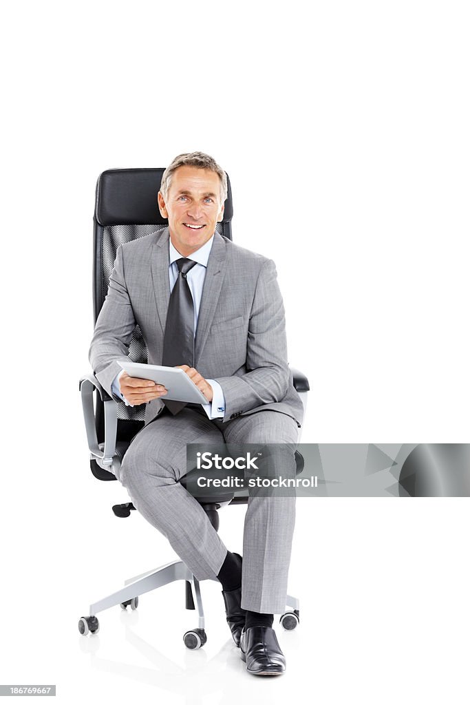 Heureux Homme d'affaires à l'aide de tablet PC sur blanc - Photo de Confiance en soi libre de droits