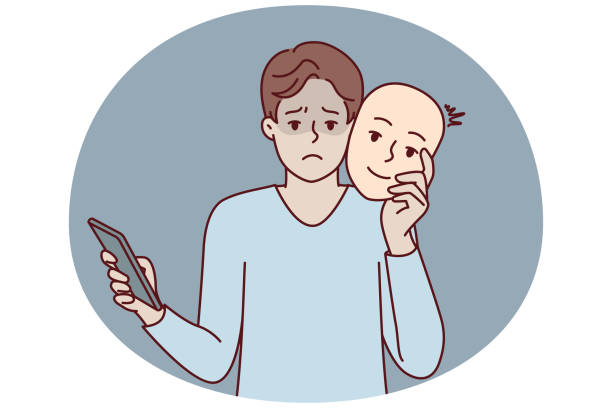 illustrazioni stock, clip art, cartoni animati e icone di tendenza di l'uomo infelice con il telefono usa la maschera per fingere di essere umano positivo durante gli appuntamenti online. immagine vettoriale - liar dishonesty costume men