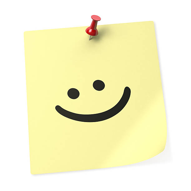 Smiley Face "Smiley Face" Yellow Post-it Note with Red Push Pin. 3D Rendering smiley face postit stock pictures, royalty-free photos & images