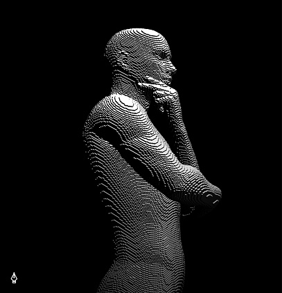 Time to think. A man with his hand on his chin as though he was thinking. Artificial intelligence concept. Searching for answers. Your personal assistent. Voxel art. 3D vector illustration.