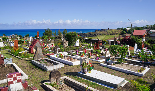 Hanga Roa, Easter Island, Chile - November 1: Rapa Nui. Easter Island Cemetery of Hanga Roa on Easter Island, Chile