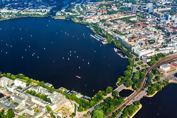 Aerial view over Hamburg's city center with the famous "Alster Lake".