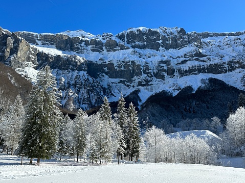 Scenic  view of village and  lake in Switzerland in winter