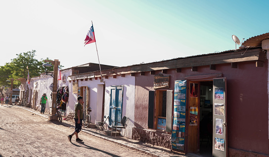 San Pedro de Atacama, Chile-October 26, 2023: Downtown San Pedro de Atacama attracts people worldwide as their jumping off point to explore Chile's Atacama Desert.