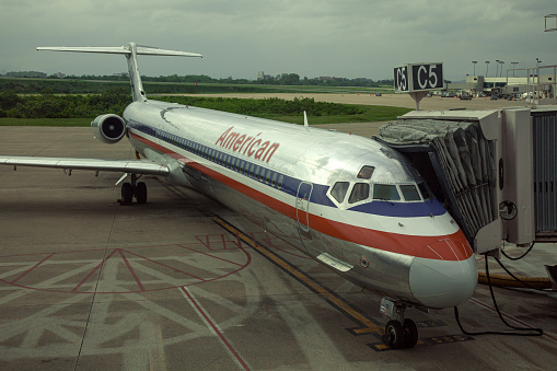 Obsolete McDonnell Douglas DC-9 passenger airplane waiting for boarding at Nashville international airport