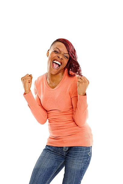 istock Young african lady rejoicing success 186774414
