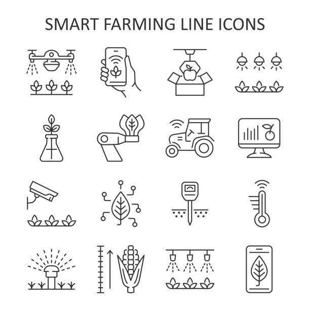 Smart farming line icon set. Vector collection with tractor, watering system, agriculture drone, robot, surveillance camera, smartphone, ph meter. Smart farming line icon set. Vector collection with tractor, watering system, agriculture drone, robot, surveillance camera, smartphone, ph meter. precision agriculture stock illustrations