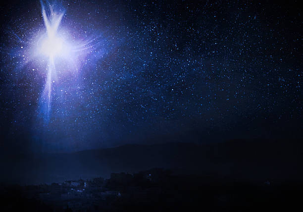Star of Bethlehem Night Sky A conceptual photo montage.  The town is literally modern day Bethlehem, and the Christmas star is depicted in the night sky that tradition holds shone the evening that Jesus Christ was born. Horizontal image with copy space. bethlehem west bank stock pictures, royalty-free photos & images