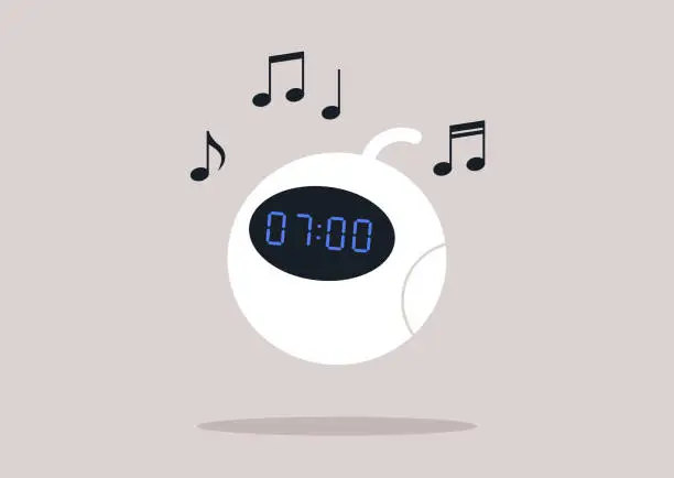 Vector illustration of A home gadget concept - a robot displaying an alarm clock on its screen, playing music as part of its functionality