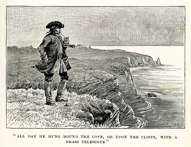 Treasure Island Vintage engraving showing a scene from the story Treasure Island by Robert Louis Stevenson. All day he hung round the Cove, or upon the cliffs, with a Brass Telescope. north downs stock illustrations