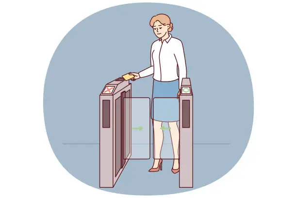 Vector illustration of Business woman applying pass to go through turnstile at entrance to office. Vector image