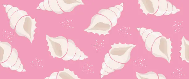 Vector illustration of Vector flat illustration. Seamless sea shells on a pink background. In cartoon style. Cute lint print. Perfect for gift wrapping, poster, cover, screen saver, textile decor and more.