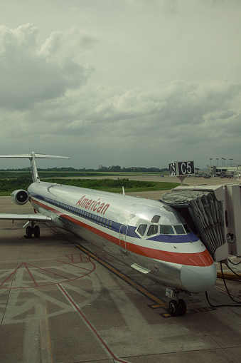 Obsolete McDonnell Douglas DC-9 passenger airplane waiting for boarding at Nashville international airport.