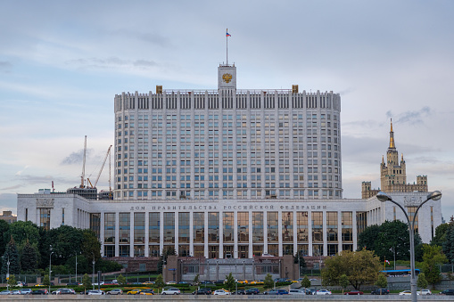 Moscow, Russia - 08.02.2022: The building of the Government of the Russian Federation. The White House in Moscow.