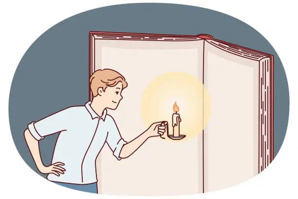 Vector illustration of Inquisitive man with candle illuminates pages giant book in effort to gain knowledge. Vector image