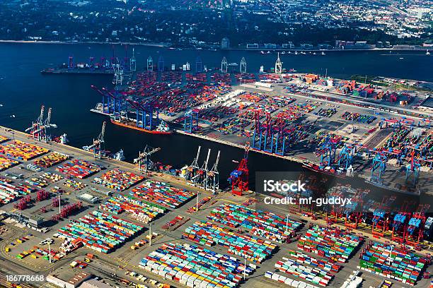 Aerial View Of Hamburg Harbour Cargo Terminal Stock Photo - Download Image Now - Hamburg - Germany, Harbor, Freight Transportation