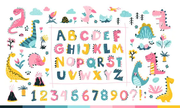 Vector illustration of Girly Dino collection with alphabet and numbers. Funny comic font in simple hand drawn cartoon style. A variety of childish girls dinosaurs characters. Colorful isolated doodle in pink palette