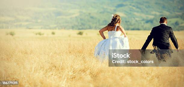 Couple Running Stock Photo - Download Image Now - Wheat, Agricultural Field, Couple - Relationship