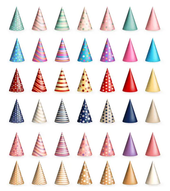 Vector illustration of Collection of 42 three dimensional colorful party hats or Birthday caps