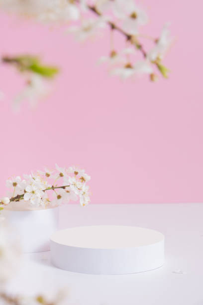 istock Empty podium or pedestal with spring bloom. Mock up for cosmetic products 1867794971