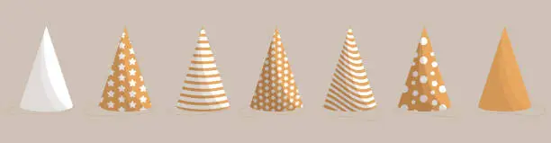 Vector illustration of Set of flat cartoon pastel golden birthday hats or party paper caps in cone shape