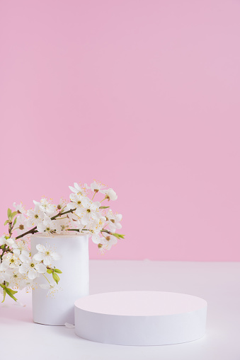 Empty podium or pedestal with spring bloom. Spring mock up for cosmetic products.