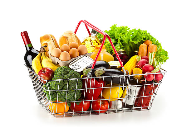 istock Shopping basket filled with groceries on white background 186779686