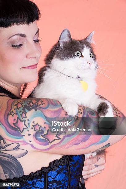 Adulto De Idade Mediana Pinup Menina Exploração Curioso Gato Cinzento - Fotografias de stock e mais imagens de Fundo Colorido