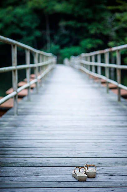 Flip-flops on Footbridge Pair of flip-flops on wooden footbridge. fz009 stock pictures, royalty-free photos & images