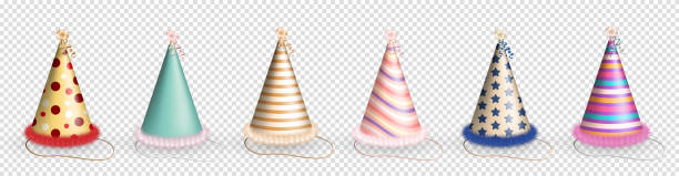 istock Set of various Birthday party hats with pattern and and fluffy fur 1867815519