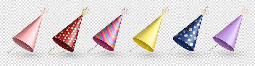 Set of colorful 3d realistic party hats for birthday celebration. Three dimensional isometric birthday caps, festive glossy party cones with pattern and ribbons, serpentine for carnival, masquerade