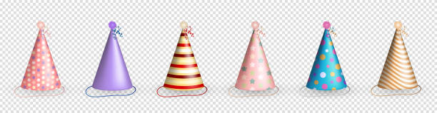 набор 3d реалистичных красочных праздничных шляп клип-арт для празднования дня рождения. - party hat hat variation isolated stock illustrations
