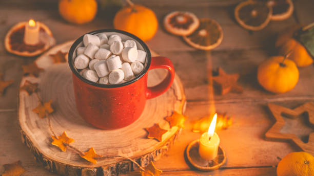 istock Cute cozy winter composition. red mug, marshmallows, oranges and Christmas lights. 1867816578