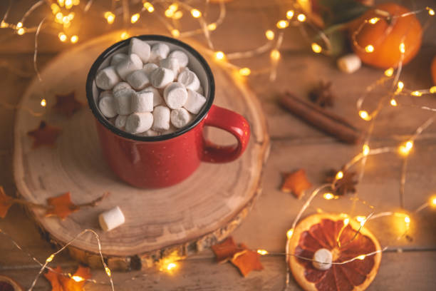 istock Cute cozy winter composition. red mug, marshmallows, oranges and Christmas lights. 1867816586