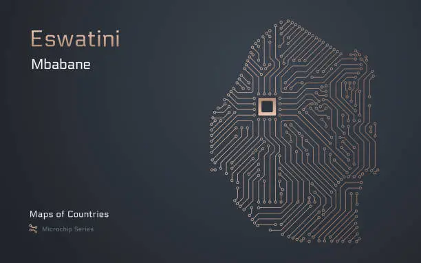 Vector illustration of Abstract Map of Eswatini in a Microchip Pattern with Processor in Capital of Mbabane. E-government.