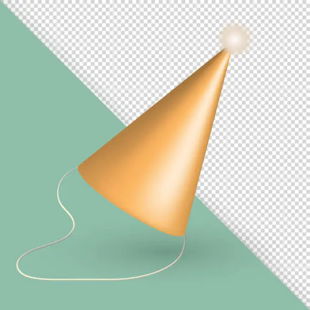 Vector illustration of Three dimensional realistic yellow birthday hat or party paper cap in cone shape