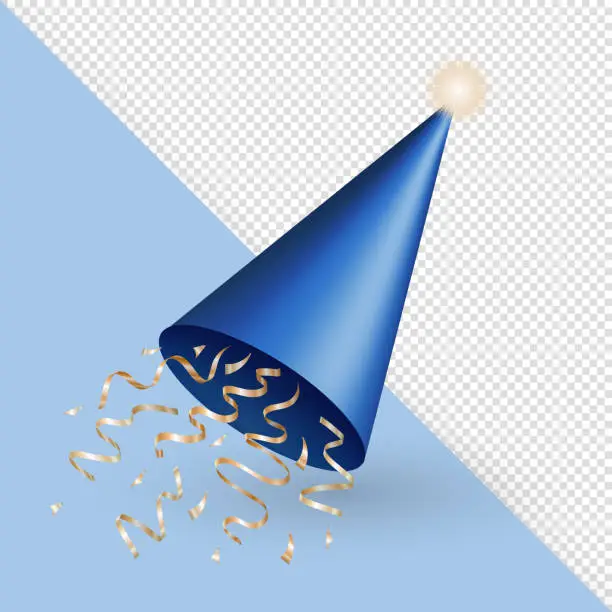 Vector illustration of Three dimensional blue party hat with streamers explosion