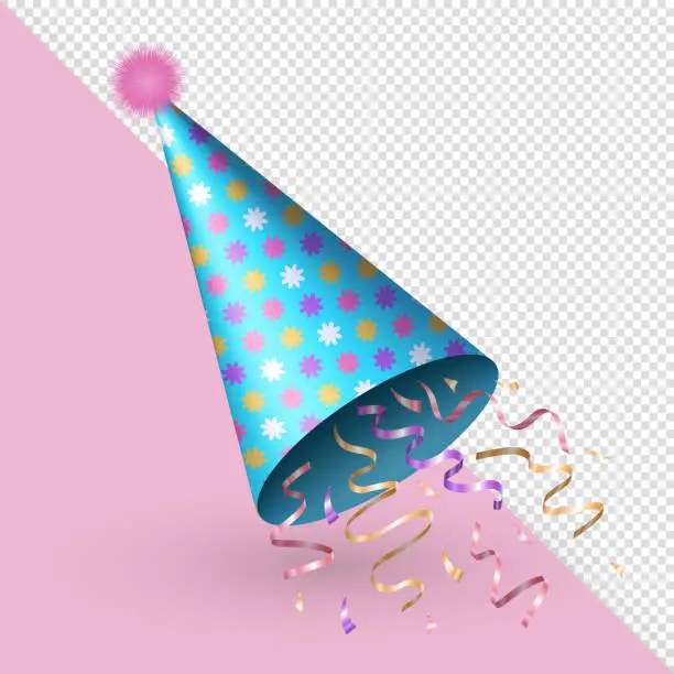 Vector illustration of Three dimensional blue party hat with streamers explosion