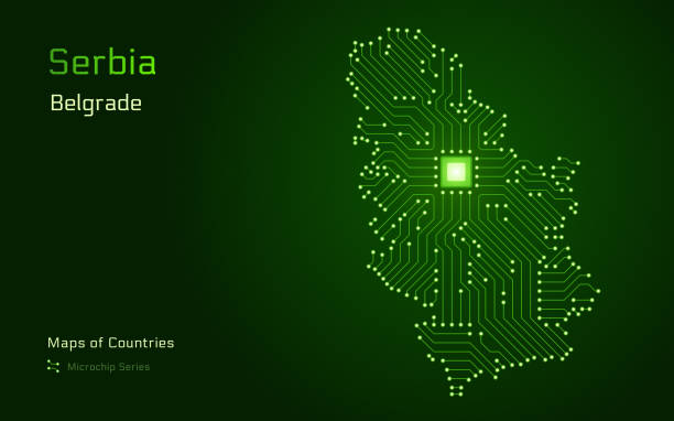 bildbanksillustrationer, clip art samt tecknat material och ikoner med serbia map with a capital of belgrade shown in a microchip pattern with processor. kosovo. e-government. - serbiska flaggan