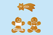 Smiling gingerbread woman, man and comet with PF 2024 inscription