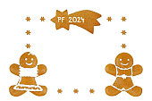 PF 2024 inscribed in comet, smiling woman, man and frame from snowflakes