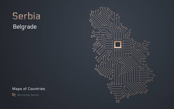 mapa serbii ze stolicą belgradu pokazana we wzorze mikroczipa z procesorem. kosowo. e-administracja. - belgrade serbia stock illustrations