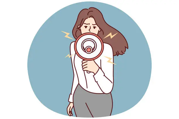 Vector illustration of Woman shouting megaphone speaking at civil protest and calling people to action. Vector image