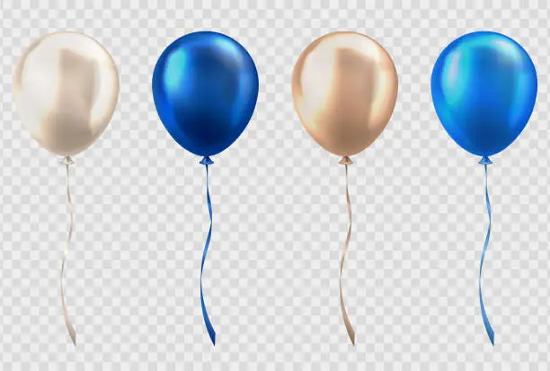 Vector illustration of Set of 3d realistic glossy balloons with string on transparent background.