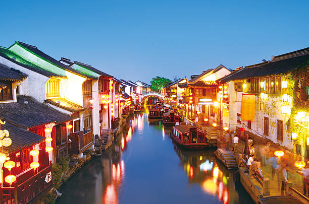 Chinese ancient garden Shan Tong Street in the suzhou. 2,500 years the history of Chinese ancient town in the sunset. The representative of China Southern landscape architecture. water town zhouzhuang china stock pictures, royalty-free photos & images