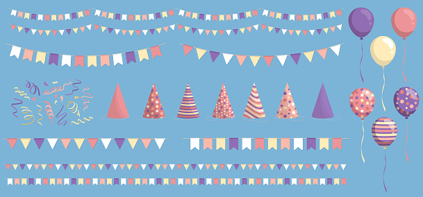 Set of flat cartoon party celebration elements - cute pastel colorful party hats, carnival pennants or buntings, glossy balloons and multicolored streamers or ribbon serpentine on blue background