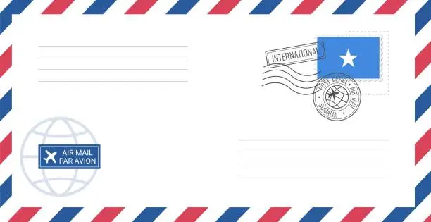 Vector illustration of Blank air mail envelope with Somalia postage stamp. Postcard vector illustration with Somalian national flag isolated on white background.